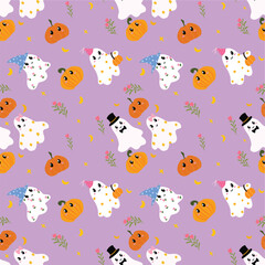 Fototapeta premium Cute Halloween Seamless Pattern with Pumpkins Ghosts