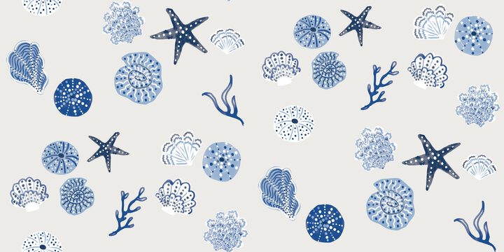 Seamless pattern with handdrawn blue seashells, starfish, and coral elements on a light grey background