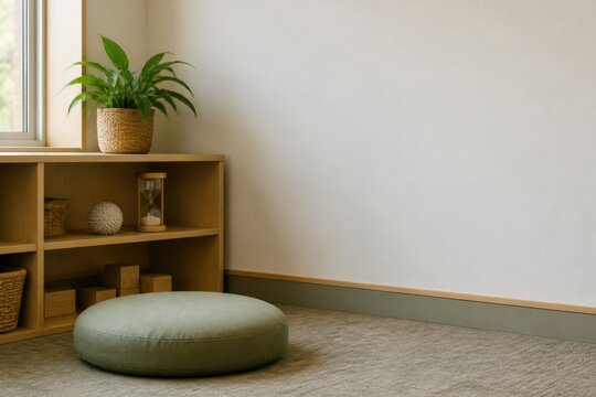 Trauma-Informed Classroom Training A Freshly Arranged Quiet Reset Area In An Empty Elementary Showing One Soft Floor Cushion Beside A Low Wooden Shelf With A Single Neutral Sensory Ball