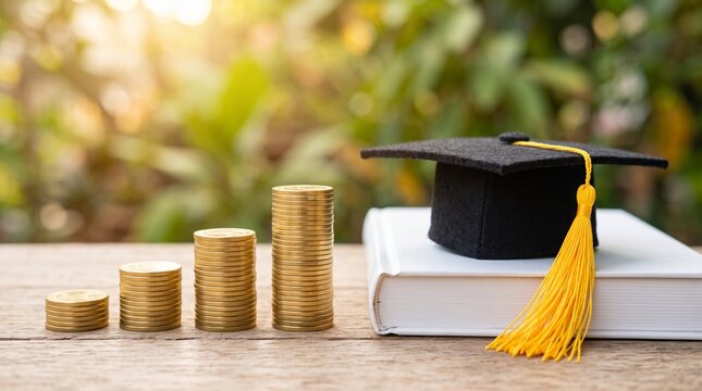 Miniature black graduation cap on hardcover book with stacked coins growing steps, education investment, scholarship, and tuition fee savings concept.