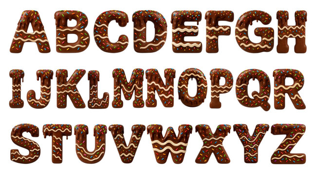Chocolate letters with icing and sprinkles for creative food designs and branding.