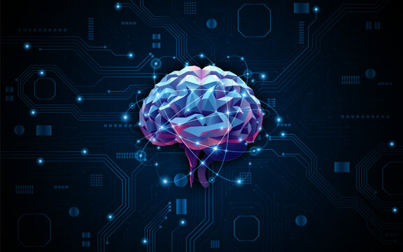Futuristic low-poly human brain. Concept of Artificial Intelligence, neural networks, and global data connectivity.