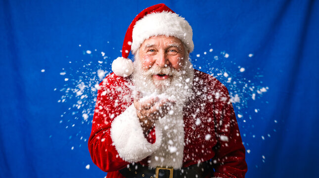 Pap&aacute; Noel sonriente soplando copos de nieve desde sus manos con guantes rojos sobre un fondo azul festivo.