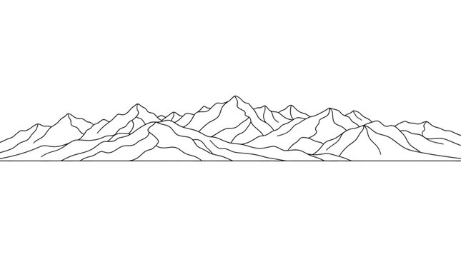Panoramic mountain range outline illustration, simple black line art drawing of peaks and valleys in natural wilderness landscape