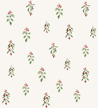 Seamless pattern with watercolor holly sprigs and red bows, festive christmas botanical illustration
