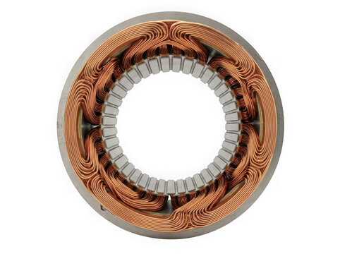 electric vehicle drive motor copper winding stator coil assembly isolated on transparent background