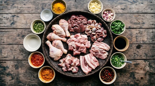 Assorted raw meat cuts and chicken drumsticks arranged on a dark platter with various spices and herbs