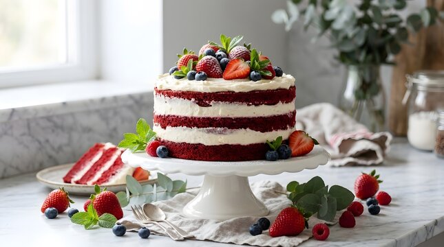 Delicious homemade red velvet cake with cream cheese frosting topped with fresh berries and mint leaves