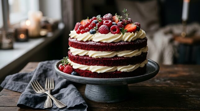 Delicious homemade red velvet cake layered with white cream frosting and topped with fresh red berries