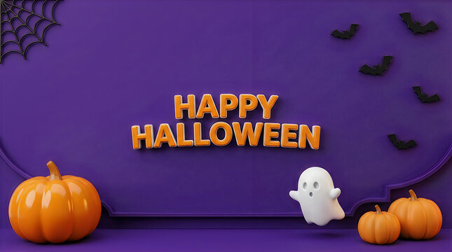 Festive happy halloween background featuring orange pumpkins and cute ghost decorations flatly
