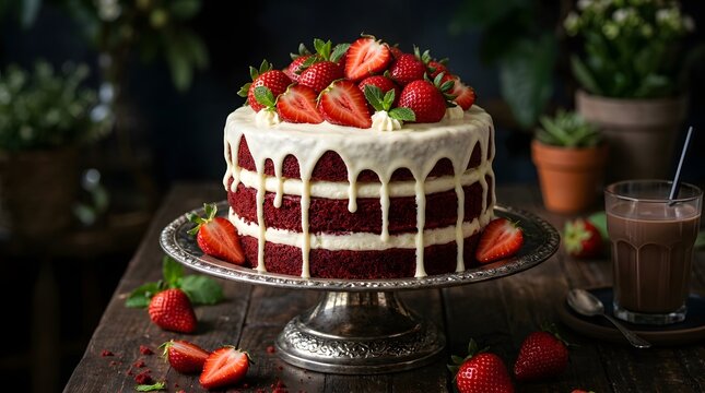 Delicious homemade red velvet cake with white cream frosting and fresh strawberries on a rustic wooden table