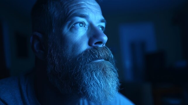 Close-up of a bearded man's face illuminated by the blue light of the screen. He looks up with a tense expression on his face. The night environment in the room.