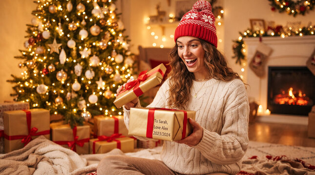 Mujer alegre abriendo un regalo de Navidad junto al &aacute;rbol iluminado y la chimenea encendida en un ambiente c&aacute;lido y festivo.