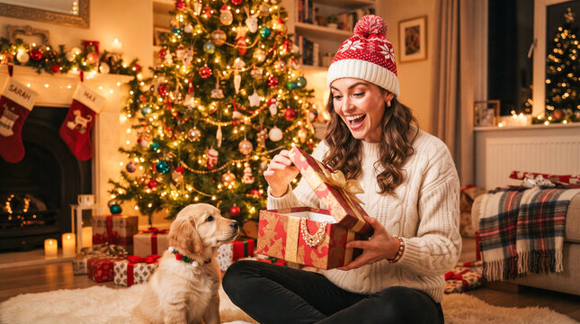 Mujer alegre abriendo un regalo de Navidad junto al &aacute;rbol iluminado y la chimenea encendida en un ambiente c&aacute;lido y festivo.