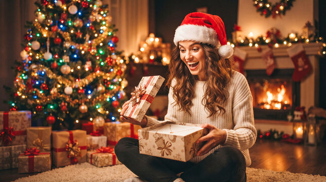 Mujer alegre abriendo un regalo de Navidad junto al &aacute;rbol iluminado y la chimenea encendida en un ambiente c&aacute;lido y festivo.