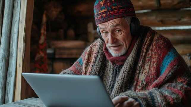 An elderly man is working on a laptop. An elderly Caucasian man is sitting in the house and using a laptop.