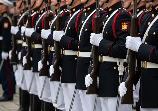 Military Honor Guard Soldiers in Dress Uniform Holding Rifles
