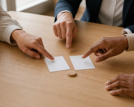 Trauma-Informed Classroom Training Exactly Three Educators Collaborating Over A Fictional Case Exercise Sets Of Adult Hands Point To Two Blank Note Cards