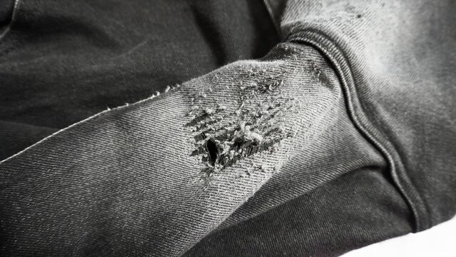 The frayed crotch of jeans. Ripped jeans in the crotch. Old jeans.