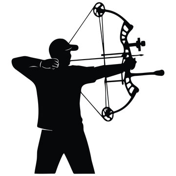 Archer sportsman silhouette vector illustration with compound bow for target sport gear.