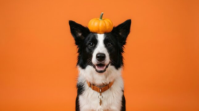 Adorable border collie dog with a small pumpkin balanced on its head against an orange background