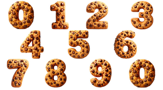 Crispy chocolate chip cookie numbers zero to nine for baking and celebrations.