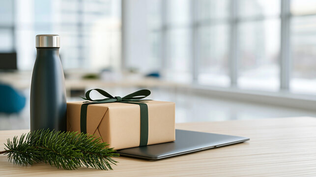 Christmas gift on laptop beside reusable water bottle and fir branch in modern office, corporate holiday present and employee appreciation concept