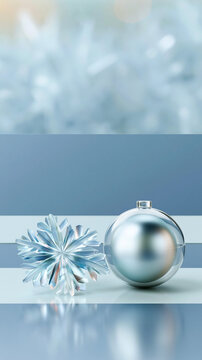 Silver christmas ornament and metallic snowflake on reflective blue surface with soft winter background and copy space for elegant holiday design