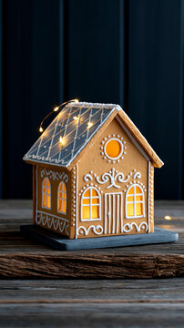 Glowing gingerbread house decorated with white icing and warm fairy lights on rustic wooden table against dark background, cozy christmas holiday scene