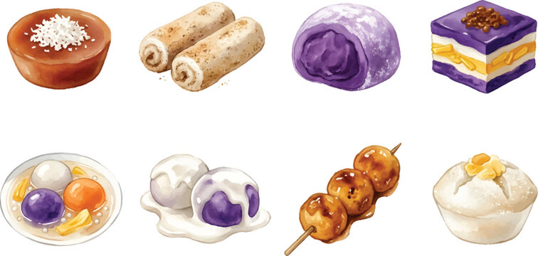Vector Illustration Isolated watercolor Filipino kakanin desserts bundle on white background for food menu design