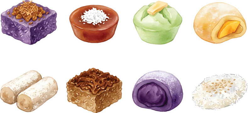 Vector Traditional Philippine sweet delicacies illustration set with sticky rice cakes, mochi, and coconut sauce