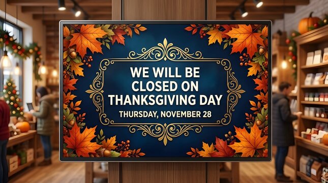 Thanksgiving day store closure sign on digital display