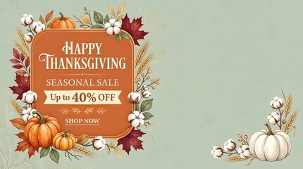 Fototapeta premium Happy thanksgiving seasonal sale banner with pumpkins and cotton flowers