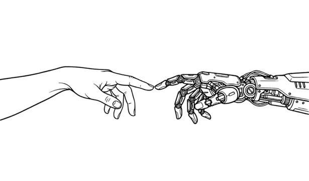 Human and Bionic Robotic Hands Touching Fingertips AI Technology Line Art Vector