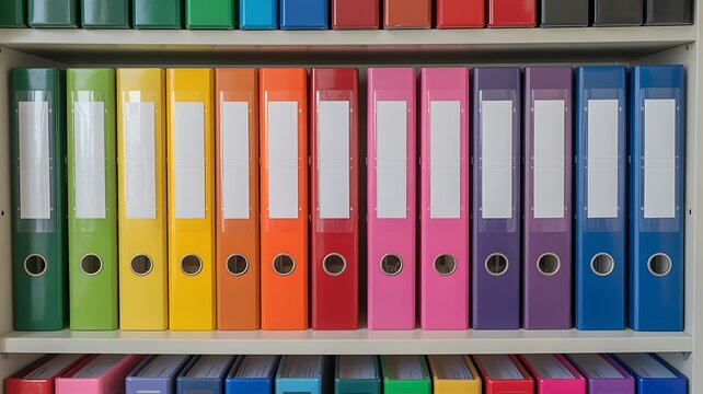 Colorful Office Ring Binders Arranged Neatly on Shelves for Organized Document Storage and Filing Systems