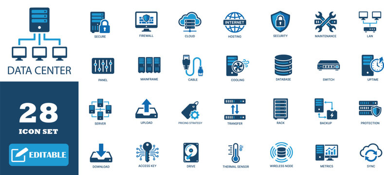 Data center icon set with blue accents for secure server management and cloud hosting solutions.