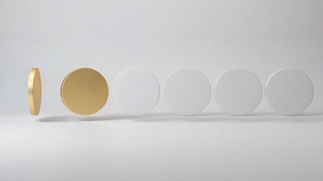 Five blue and one gold disc floating in a row on gray background