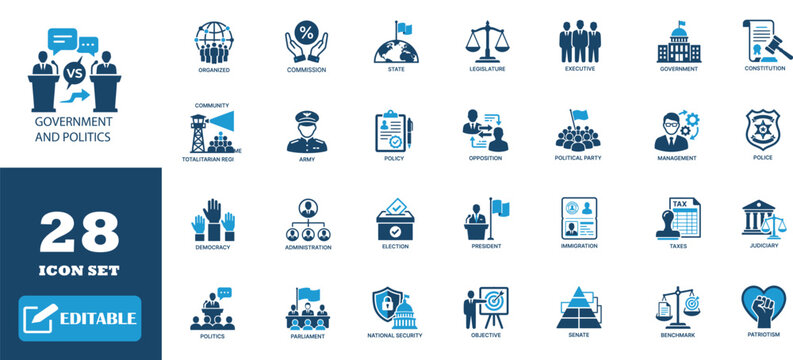 Government and politics icons in blue and navy for democratic systems and state institutions.