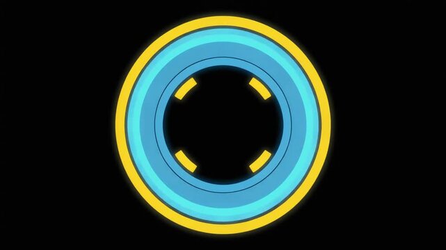 Abstract digital illustration features glowing concentric circles in yellow and cyan with four yellow tick marks.