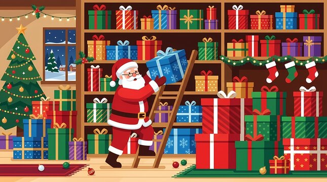 Santa Claus putting a gift on a shelf in a workshop full of presents.