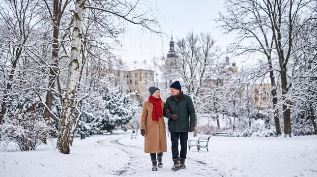 Happy senior couple walking together on a snowy path in a winter park with historic architecture.