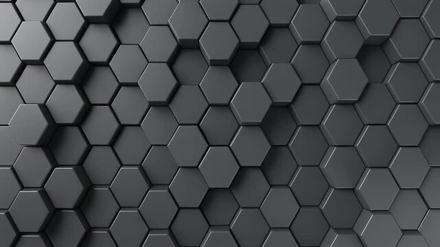 A dark gray hexagonal honeycomb pattern with three-dimensional geometric tiles and soft shadows fills the frame in a.