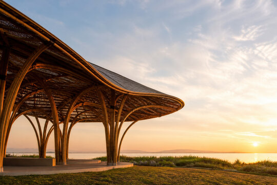 Engineered Bamboo Pavilion with Curved Renewable Structure at Sunset