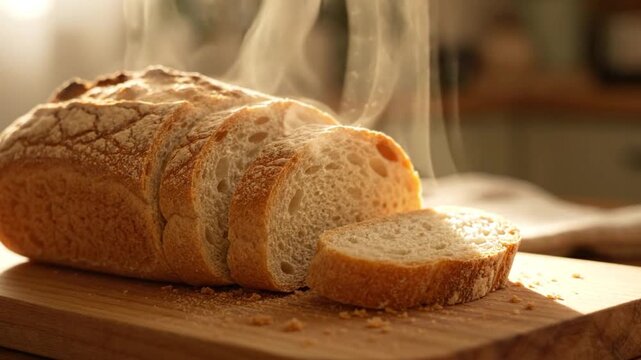 Freshly baked artisan bread loaf sliced on wooden cutting board with warm steam