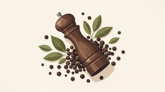 Wooden pepper grinder surrounded by black peppercorns and green leaves, elegant flat design illustration for seasoning, cooking, kitchen utensils and culinary concepts