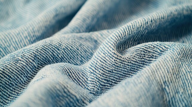 Extreme close-up photography of a well-worn denim jacket fabric, visible stitching and subtle fraying, faded blue color