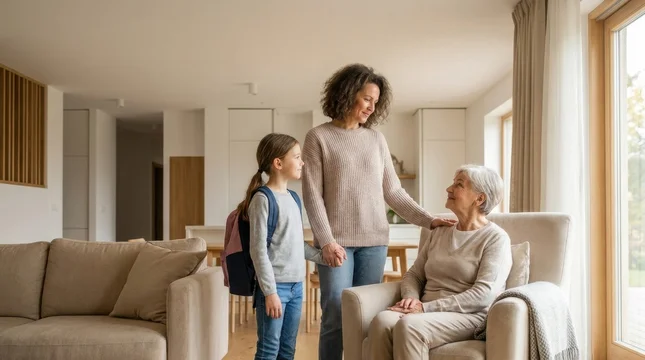 Young girl, her mother, and grandmother spending time together in light living room