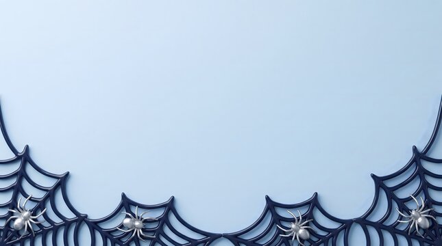 A festive halloween background featuring a dark black spider web border isolated on a light blue backdrop