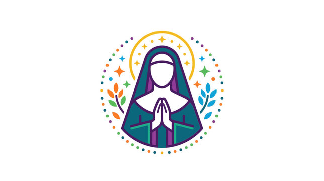 Minimalist Illustration of a Praying Nun with Floral Accents and Halo.