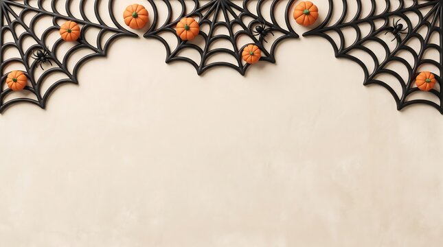 A festive halloween background featuring black spider webs and small orange pumpkins arranged along the top border area